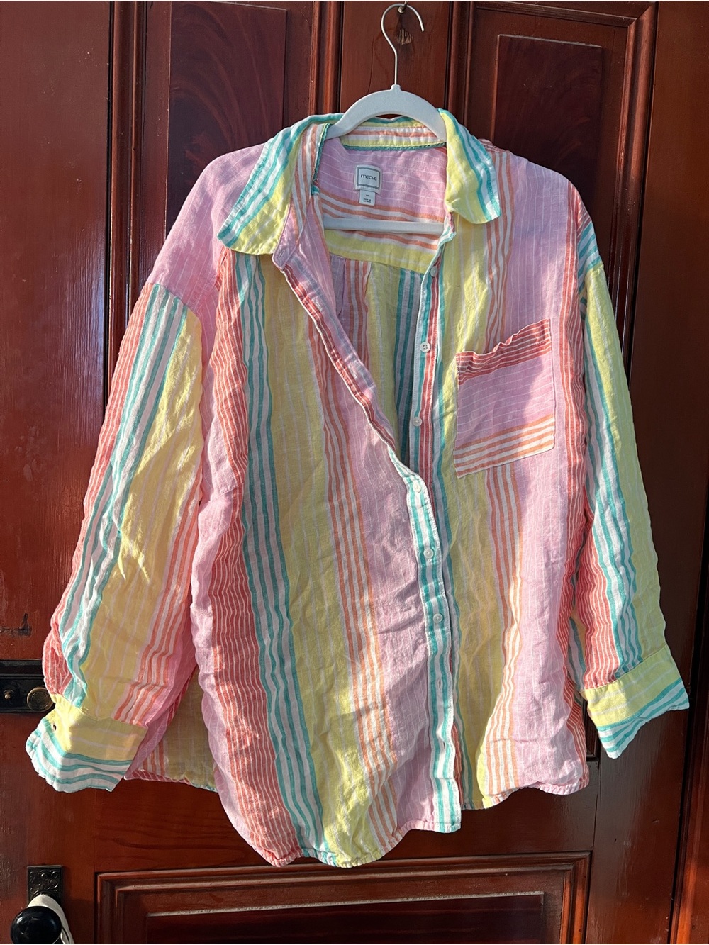 Anthro Bennet 100% European Linen Buttondown Shirt- Umbrella Stripe Teal 2X